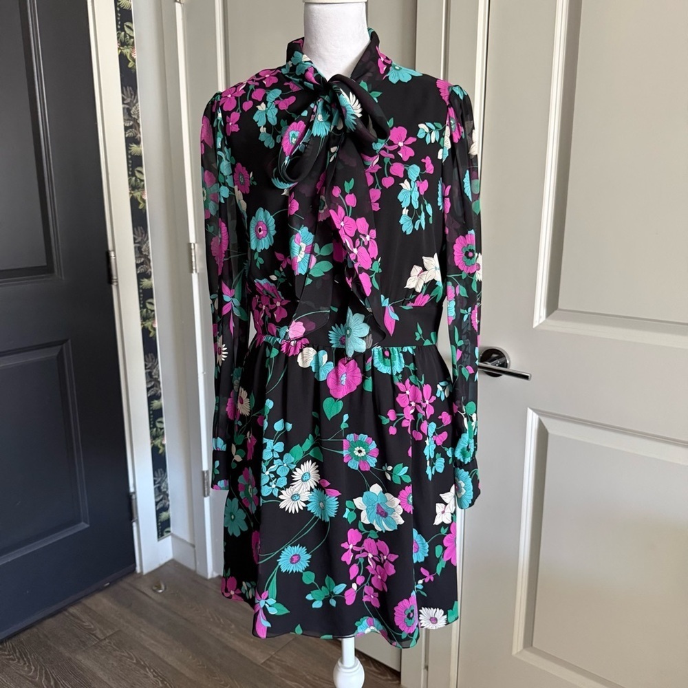 Saint Laurent Lavalliere Mini Dress with Floral Print 100% Silk Size FR 42 US L